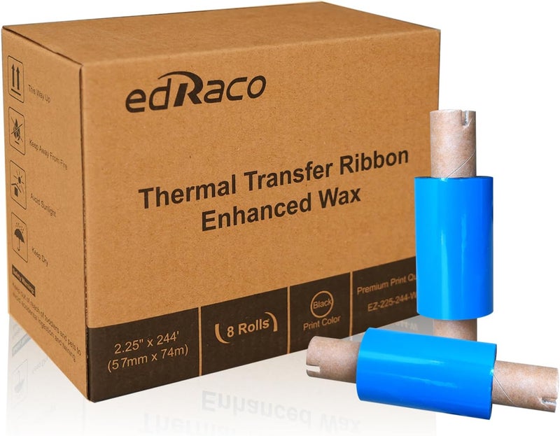 Edraco 8 Rolls Desktop Thermal Transfer Ribbons -Enhanced Wax, 2.25" x 244'(57mm x 74m), 0.5” Core, for Zebra Desktop Printer - Image 1